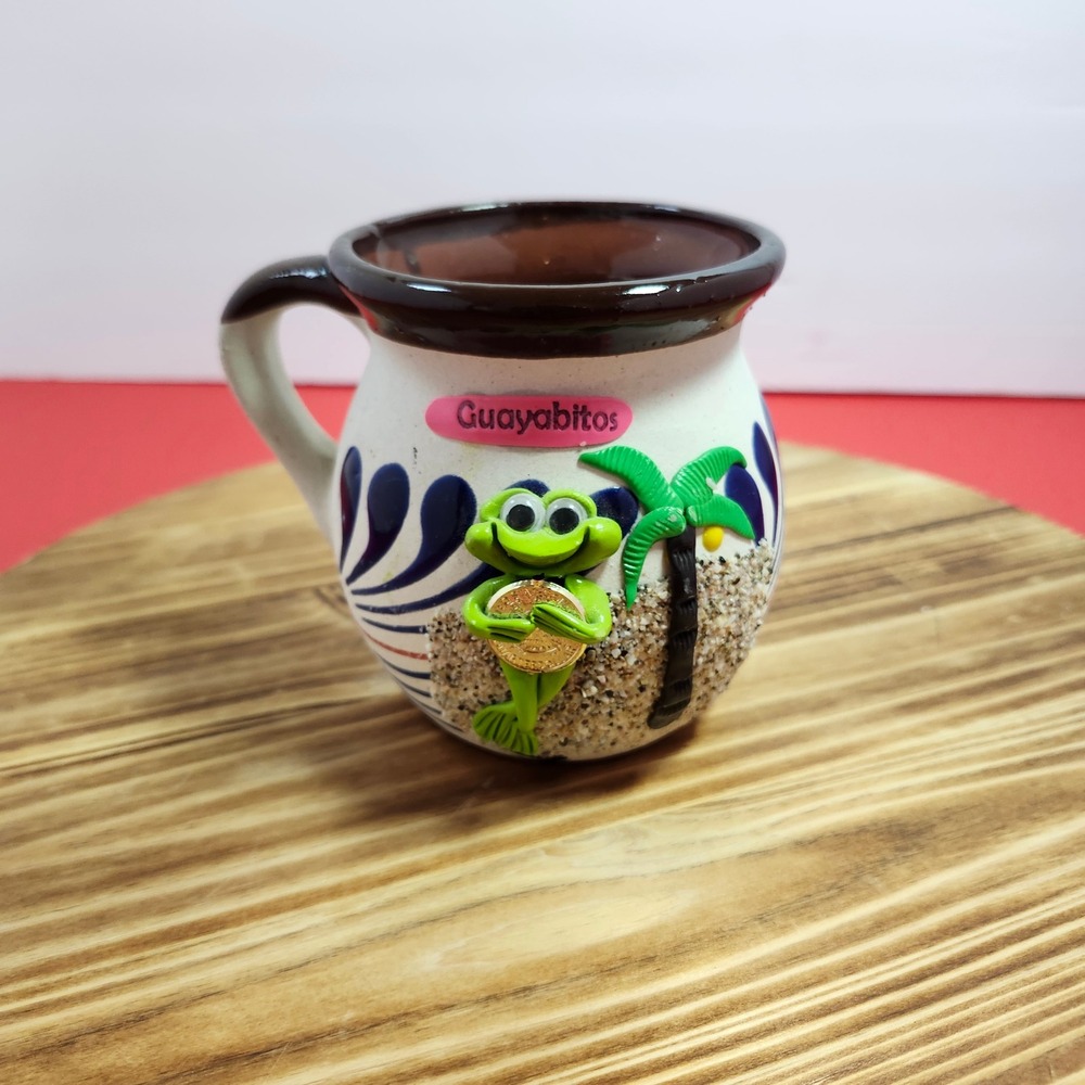Guayabitos Mexico Hand Painted 3D Frog Palm Tree Ceramic Souvenir Mug Folk Art